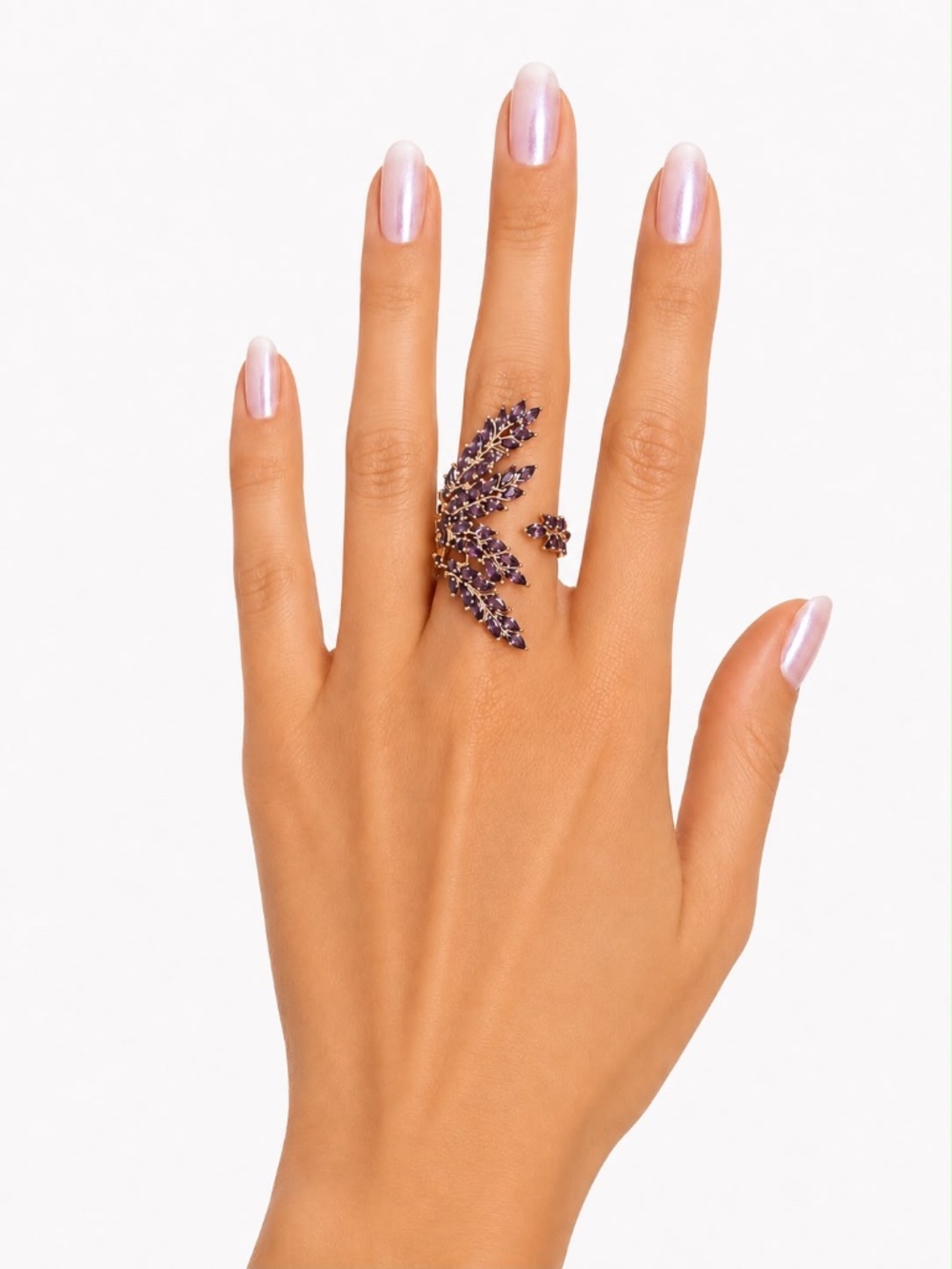 Purple Cubic Zirconia Statement Ring, Adjustable Gold Leaf Ring, Crystal Gift